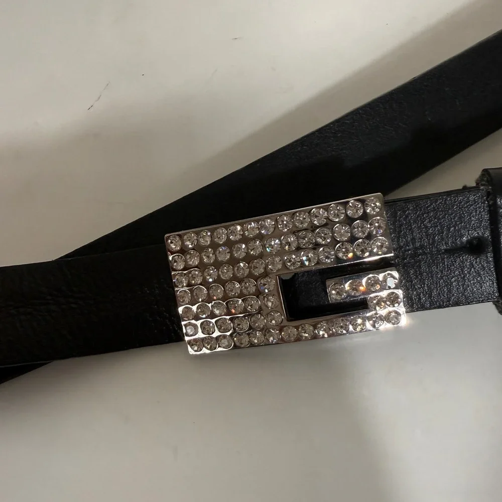 Guess Women's Black Genuine Leather Belt‎ Rhinestone G Logo Buckle Extra Large